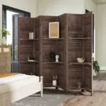HOMCOM 6 Panel 67" Tall Wood Privacy Screen Room Divider with 3 Shelves and Folding Storage for Bedroom, Walnut - Image 8