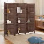 HOMCOM 6 Panel 67" Tall Wood Privacy Screen Room Divider with 3 Shelves and Folding Storage for Bedroom, Walnut - Image 9