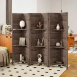 HOMCOM 6 Panel 67" Tall Wood Privacy Screen Room Divider with 3 Shelves and Folding Storage for Bedroom, Walnut - Image 10
