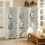 HOMCOM 6 Panel 67 Inch Tall Wood Privacy Screen Room Divider with 3 Shelves and Folding Storage for Bedroom, White - Image 2