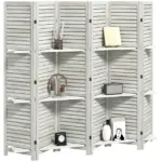 HOMCOM 6 Panel 67 Inch Tall Wood Privacy Screen Room Divider with 3 Shelves and Folding Storage for Bedroom, White