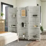 HOMCOM 6 Panel 67 Inch Tall Wood Privacy Screen Room Divider with 3 Shelves and Folding Storage for Bedroom, White - Image 8
