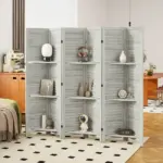 HOMCOM 6 Panel 67 Inch Tall Wood Privacy Screen Room Divider with 3 Shelves and Folding Storage for Bedroom, White - Image 10
