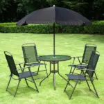 6 Piece Patio Dining Set for 4 with Umbrella, Outdoor Table and Chairs with 4 Folding Dining Chairs and Round Glass Table - Image 2