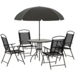 6 Piece Patio Dining Set for 4 with Umbrella, Outdoor Table and Chairs with 4 Folding Dining Chairs and Round Glass Table