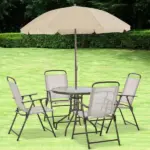 6-Piece Patio Dining Set with Umbrella, Folding Chairs and Glass Table, Beige - Outdoor Meal Setup - Image 2