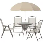 6-Piece Patio Dining Set with Umbrella, Folding Chairs and Glass Table, Beige - Outdoor Meal Setup - Image 11