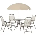 6-Piece Patio Dining Set with Umbrella, Folding Chairs and Glass Table, Beige - Outdoor Meal Setup