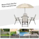 6-Piece Patio Dining Set with Umbrella, Folding Chairs and Glass Table, Beige - Outdoor Meal Setup - Image 7