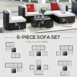 Outsunny 6-Piece White Rattan Couch Set, Outdoor Patio Wicker Furniture with Removable Cushions and Glass Coffee Table - Image 7