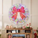 HOMCOM 60in Flocked Pre-Lit Christmas Wreath with 3D Red Bow, 11 Lighting Modes, Front Door Christmas Wreath with Remote - Image 2
