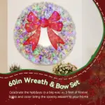 HOMCOM 60in Flocked Pre-Lit Christmas Wreath with 3D Red Bow, 11 Lighting Modes, Front Door Christmas Wreath with Remote - Image 4