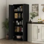 HOMCOM 63" 2-Door Kitchen Pantry, Freestanding Cabinet with 2 Adjustable Shelves for Dining Room, Cinnamon Black Wood Grain - Image 2