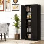 HOMCOM 63" 2-Door Kitchen Pantry, Freestanding Cabinet with 2 Adjustable Shelves for Dining Room, Cinnamon Black Wood Grain - Image 10