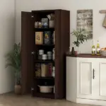 HOMCOM 63" 2-Door Kitchen Pantry, Freestanding Cabinet with 2 Adjustable Shelves for Dining Room, Cinnamon Cherry Wood Grain - Image 2