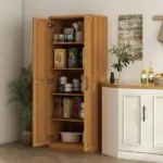 HOMCOM 63" 2-Door Kitchen Pantry, Freestanding Cabinet with 2 Adjustable Shelves for Dining Room, Cinnamon Teak Wood Grain - Image 2