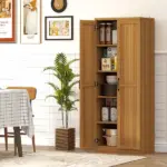 HOMCOM 63" 2-Door Kitchen Pantry, Freestanding Cabinet with 2 Adjustable Shelves for Dining Room, Cinnamon Teak Wood Grain - Image 10