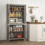 64" 4-Door Kitchen Pantry, Freestanding Storage Cabinet with 3 Adjustable Shelves for Kitchen, Gray Oak - Image 2