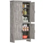 64" 4-Door Kitchen Pantry, Freestanding Storage Cabinet with 3 Adjustable Shelves for Kitchen, Gray Oak - Image 11