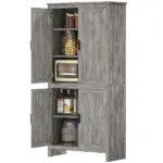 64" 4-Door Kitchen Pantry, Freestanding Storage Cabinet with 3 Adjustable Shelves for Kitchen, Gray Oak