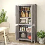 64" 4-Door Kitchen Pantry, Freestanding Storage Cabinet with 3 Adjustable Shelves for Kitchen, Gray Oak - Image 10