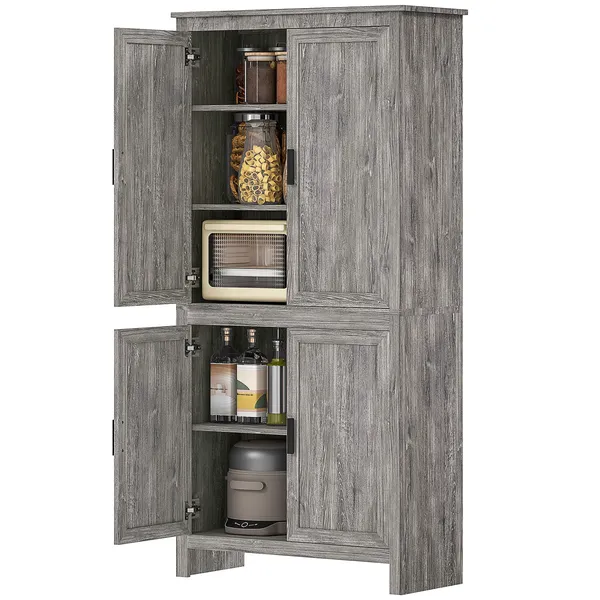 64-4-door-kitchen-pantry-freestanding-storage-cabinet-with-3-adjustable-shelves-for-kitchen-gray-oak.webp 64" 4-Door Kitchen Pantry, Freestanding Storage Cabinet with 3 Adjustable Shelves for Kitchen, Gray Oak - Image 1