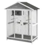 PawHut 64.5" Wooden Bird Cage Bird Aviary, Flight Cage with 4 Perches, Nest and Slide-Out Tray for Indoor/Outdoor, Gray - Image 11