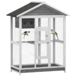 PawHut 64.5" Wooden Bird Cage Bird Aviary, Flight Cage with 4 Perches, Nest and Slide-Out Tray for Indoor/Outdoor, Gray