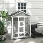 PawHut 64.5" Wooden Bird Cage Bird Aviary, Flight Cage with 4 Perches, Nest and Slide-Out Tray for Indoor/Outdoor, Gray - Image 10
