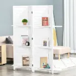 HOMCOM 67" 4-Panel Portable Room Divider, Wooden Privacy Screen with Display Shelves, Folding, White - Image 2