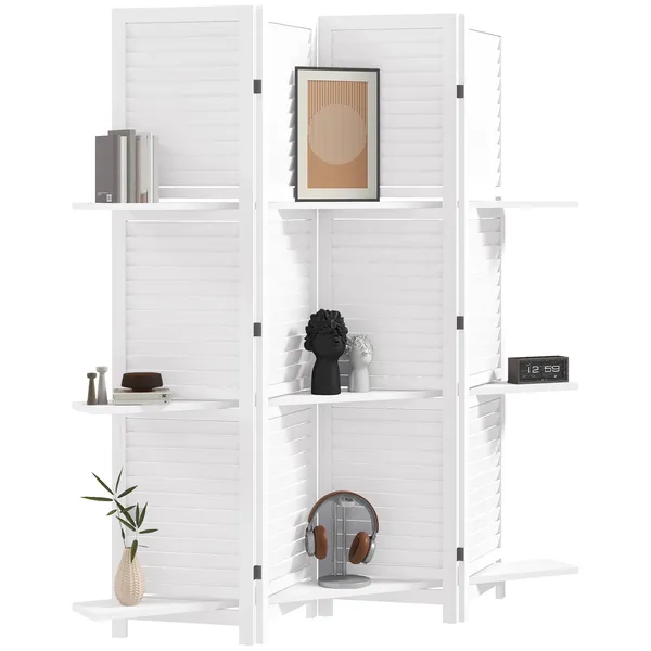67-4-panel-portable-room-divider-wooden-privacy-screen-with-display-shelves-folding-white.webp HOMCOM 67" 4-Panel Portable Room Divider, Wooden Privacy Screen with Display Shelves, Folding, White - Image 1