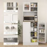 67 Inch Freestanding Pantry, Kitchen Hutch Cabinet with Glass Doors and Adjustable Shelves, Microwave Cabinet for Dining Room, White - Image 7