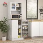 67 Inch Freestanding Pantry, Kitchen Hutch Cabinet with Glass Doors and Adjustable Shelves, Microwave Cabinet for Dining Room, White - Image 10