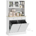 68" Storage Pantry Cupboards, Freestanding Cabinet with 2 Tilt Out Cabinets and Build-in Charging Station for Dining Room, White