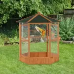 69" Large Wooden Bird Aviary Hexagonal Outdoor Aviary Flight Bird Cage With Covered Roof, Brown - Image 2