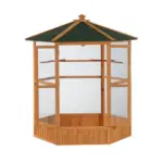69" Large Wooden Bird Aviary Hexagonal Outdoor Aviary Flight Bird Cage With Covered Roof, Brown - Image 11