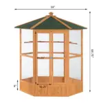 69" Large Wooden Bird Aviary Hexagonal Outdoor Aviary Flight Bird Cage With Covered Roof, Brown - Image 3