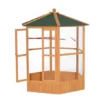 69" Large Wooden Bird Aviary Hexagonal Outdoor Aviary Flight Bird Cage With Covered Roof, Brown - Image 4