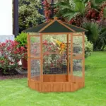 69" Large Wooden Bird Aviary Hexagonal Outdoor Aviary Flight Bird Cage With Covered Roof, Brown - Image 10