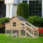 69" Wooden Chicken Coop, Poultry Cage Hen House with Connecting Ramp, Removable Tray, Ventilated Window and Nesting Box, Natural - Image 10