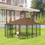 6.9'x6.9'x5' Outdoor Dog Kennel with Canopy, Coffee Garden Playpen Fence Crate Enclosure Cage, Rotating Bowl Secure Pet Play - Image 2