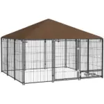 6.9'x6.9'x5' Outdoor Dog Kennel with Canopy, Coffee Garden Playpen Fence Crate Enclosure Cage, Rotating Bowl Secure Pet Play - Image 12