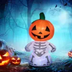 6ft Halloween Inflatables Smiling Skeleton Ghost with Pumpkin Head Outdoor Decoration with Rotating LED Light - Image 10