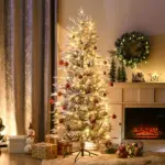HOMCOM 6ft Pre-Lit Flocked Christmas Tree with Snow Branches Warm Yellow Lights Auto Open for Festive Atmosphere - Image 2