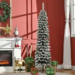 HOMCOM 6ft Snow-Flocked Christmas Tree, Slim Pencil Xmas Tree with 395 Realistic Branches and Metal Base, Green - Image 2
