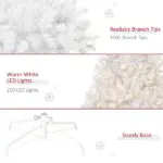 6ft White Christmas Tree Pre Lit PVC with Metal Stand 250 Warm White LED 1000 Tips for Home Decoration - Image 7