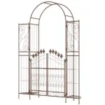 7' Metal Garden Arbor, Garden Arch with Gate, Fleur De Lis Motif, Latching Doors, Planter Shelves for Climbing Vines, Ceremony, Weddings, Party, Garden, Backyard, Lawn, Brown - Image 11