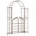 7' Metal Garden Arbor, Garden Arch with Gate, Fleur De Lis Motif, Latching Doors, Planter Shelves for Climbing Vines, Ceremony, Weddings, Party, Garden, Backyard, Lawn, Brown