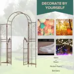 7' Metal Garden Arbor, Garden Arch with Gate, Fleur De Lis Motif, Latching Doors, Planter Shelves for Climbing Vines, Ceremony, Weddings, Party, Garden, Backyard, Lawn, Brown - Image 4