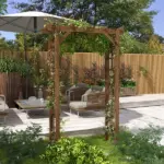Outsunny 7' Wooden Steel Garden Arbor with Fir Wood and Side Panel for Wedding and Ceremony Garden Arched Trellis for Climbing Vines, Carbonized - Image 2